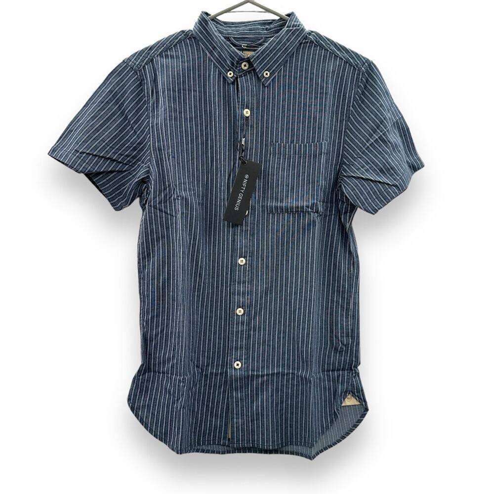 Nifty Genius Indigo Blue & White Striped Short‎ Sleeve Button Down Shirt XS NEW